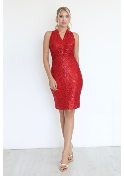 Lodmela Halter Yaka Pile Detaylı Payetli Midi Elbise 6095-kırmızı