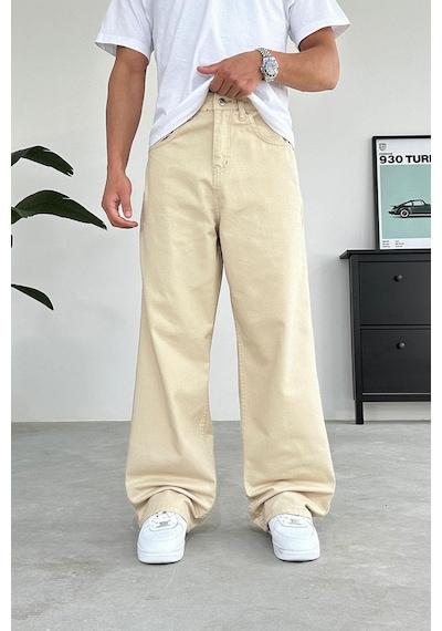 Bej Basic Gabardin Ekstra Bol Baggy Pantolon Bej