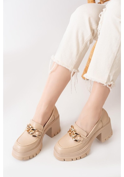 Asmi Shoes Kadın Zincir Tokalı Karmi 8 Cm Topuklu Platformlu Loafer Ayakkabı Bej Bej