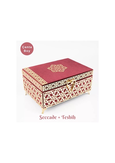 Desenli Kutu Çeyizlik, Seccade + Tesbih + Kuran Hediye Seti Çanta Boy, Kadife, Bordo, Elif-vav Bordo
