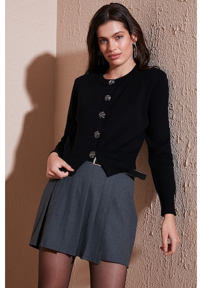 Lela Premium Regular Fit Yuvarlak Yaka Crop Triko Bayan Hırka 680Hi00110 Siyah