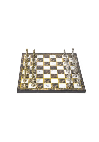 Lüks Metal Satranç Takımı Krom Kaplama Roma Ordusu Figür & Kehribar Mermer Desenli Tahta 20 Cm.