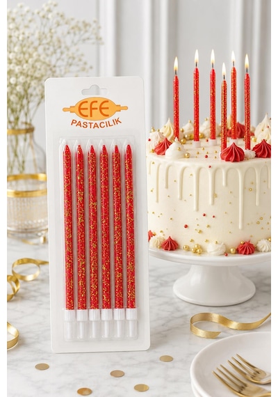 Kırmızı Gold Simli Uzun Pasta Mumu 17 Cm Karışık