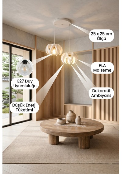 2 Li Beyaz Modern Taç Sarkıt - E27 Duy Uyumlu Dekoratif Tavan Lambası - Ayarlanabilir Boy Antre Avizesi
