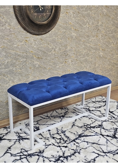 Zafir Beyaz Boyalı - L - Ayaklı 100 Cm X 38 Cm Oturak - Bench - Makyaj Taburesi - Makyaj Oturak Mavi