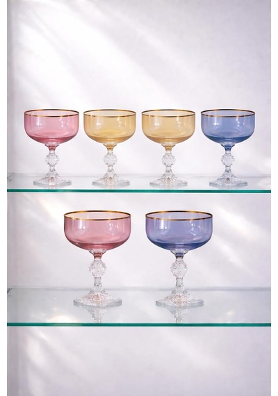 Crystal Claudia Şampanya Kadehi Seti, Kristal, Altın Kenarlı, 3 Renk, 200cc, 6 Parça