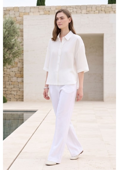 Kadın Beyaz Oversize Keten Görünümlü Gömlek Kısa Kollu Düğmeli Rahat Kalıp Yazlık Gömlek Basic Bluz