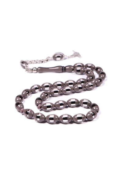 Gri Sürmeli Toz Kehribar Tesbih 12x8 Mm