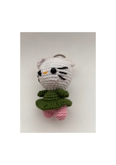 Örgü Amigurumi Kedi Figürlü Anahtarlık Yeşil Yeşil