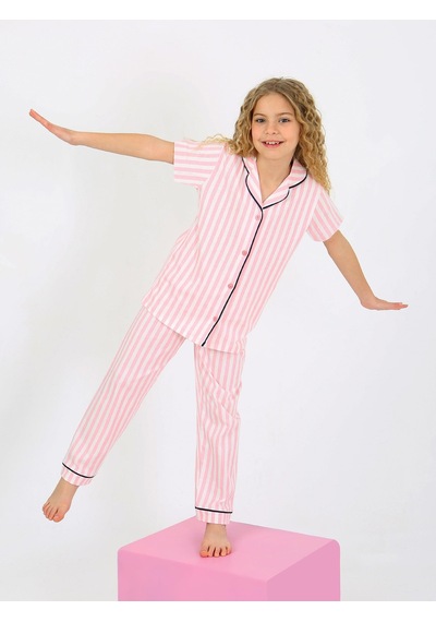 Kız Çocuk Kısa Kollu Düğmeli %100 Pamuklu Pijama Takımı Pinky Pembe