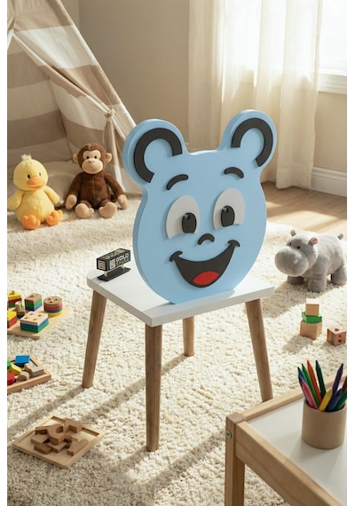 Çocuk Sandalyesi Happy Face Ahşap Ayaklı, Sevimli Figürlü Mavi