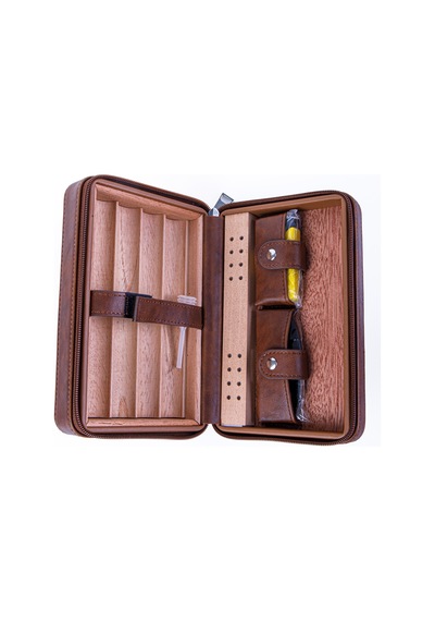 Cohiba Kahverengi Çakmak Kesicili Deri Puro Taşıma Çantası & Seyahat Humidoru