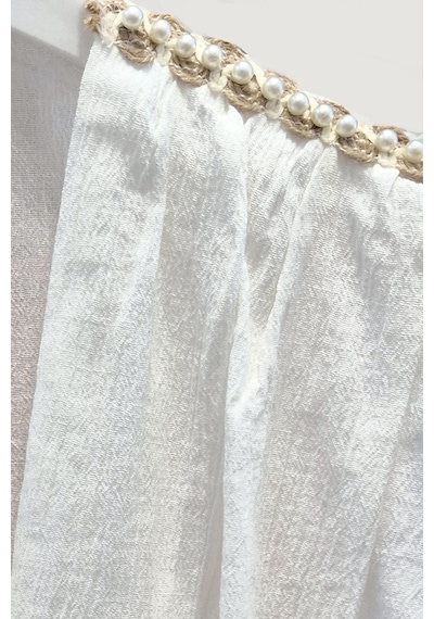 Fashion Cocktail İnci Sıralı Ve Jüt Şeritli Apoletli Kolsuz Bohem Organik Doku Krınkıl Kumaş Eteği Astarlı Kruvaze V Yaka Crop Bluz Fırfırlı Uzun Boho Bohem Tatil Chic Etek Seti İkili Takım ekru