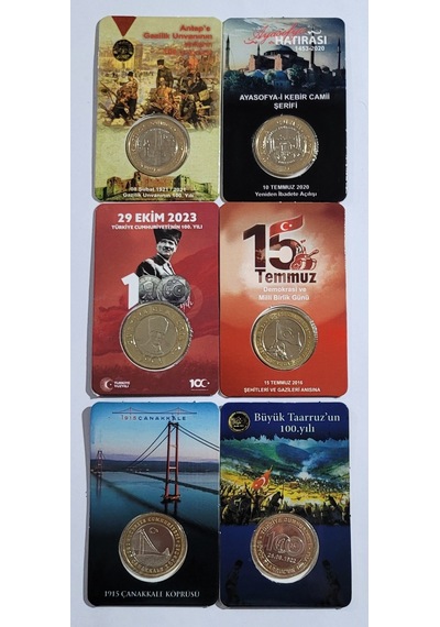 6 Li Hatıra Para Kiti Seti, Cumhuriyetin 100.yılı,ayasofya, Antep, Çanakkale, 15 Temmuz, Taaruz, Çil