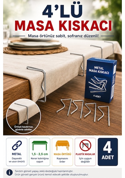 4'lü Metal Masa Örtüsü Kıskacı 1,5-2,5 Cm Masa Kenarı İçin Sabitleyici Kıskaç Seti 4 Adet Pratik Set Gri