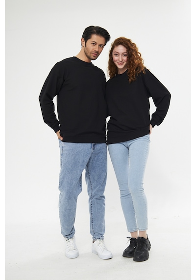 Unisex Siyah Waffle Kumaş Rahat Oversize Basic Sweatshirt Siyah