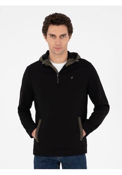 Siyah Regular Fit Pamuk Karışımlı Yarım Fermuarlı Kapüşonlu Sweatshirt