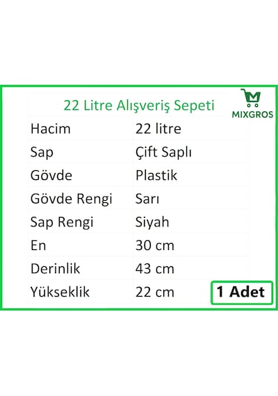 Plastik Market Alışveriş El Sepeti 22 Litre Sarı 1 Adet Sarı