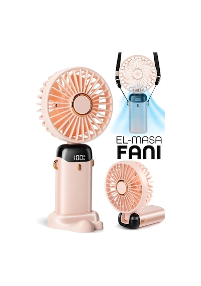 Lcd Ekranlı Şarjlı El Fanı Mini Vantilatör 5 Kademe Sessiz Boyun Askılı Pembe Fan