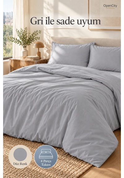Çift Kişilik Gri Nevresim Takımı 4 Parça Düz Renk 180x220 Nevresim 180x240 Çarşaf 2 Yastık Kılıfı Ev