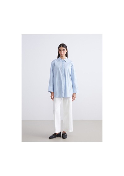 LC Waikiki Alıta Cıty Farkıyla Lcw Modest Mavi Çizgili Oversize Poplin Kadın Gömlek Tunik Mavi - 931522818 Mavi