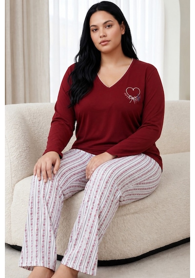 Siyah İnci Nakışlı Pamuklu Likralı Büyük Beden Battal Boy Örme Pijama Takım26240921 Bordo