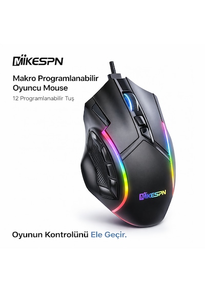 Mikespn X15 Rgb Gaming Mouse 12 Tuşlu 12800 Dpı Makrolu Oyuncu Mouse Siyah X15