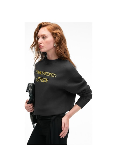 Grımelange ISOLUNE Kadın Yaka Nakış Detaylı Oversize Bisiklet Yaka Antrasit Sweatshirt