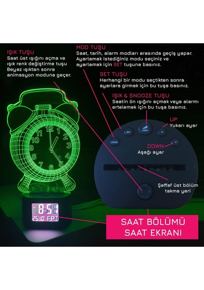 Upway 3d İllüzyonlu Rgb Işık Animasyonlu Çalar Masa Saati Gece Lambası