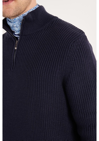 Tudors Erkek Slim Fit Dar Kesim Fermuarlı Lacivert Dik Yaka Triko Kazak-34922 Lacivert
