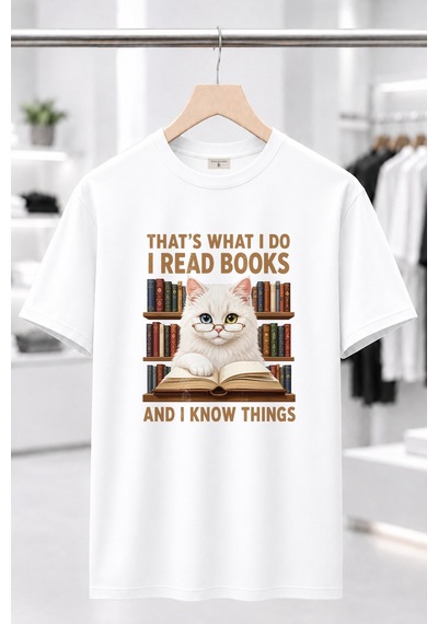 Bayloranzzo The Reader Cat %100 Pamuk Heavy Cotton Premium Kalite Kadın Tişört Beyaz