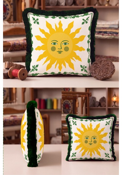 Güneş Figürlü Bohem Etnik Desenli Saçaklı Yastık Kılıfı - Şölen Temalı Retro Püsküllü Kırlent Kılıfı Altın