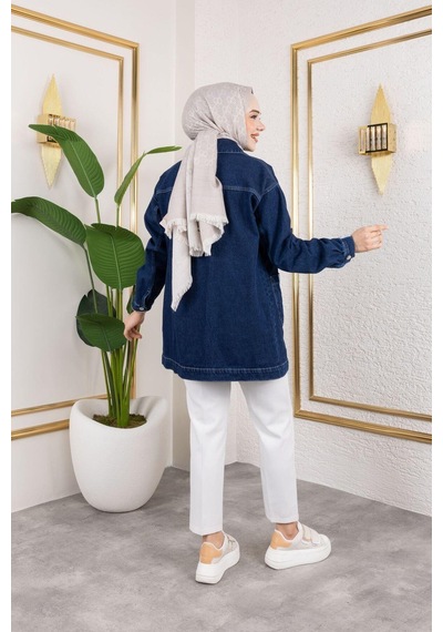 Harman Butik Kadın Cepli Düğmeli Kot Ceket Lacivert Lacivert