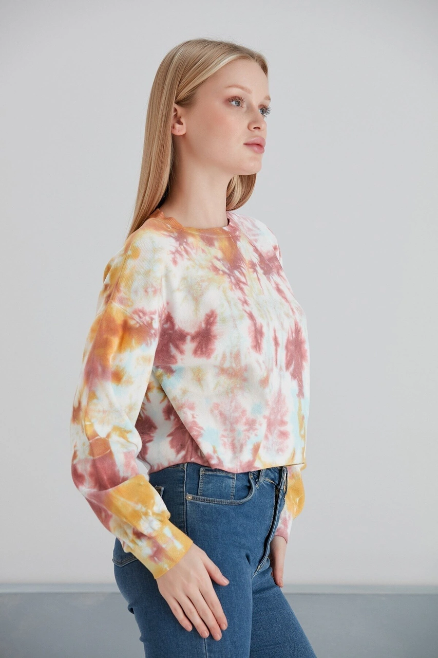 Mamayaga Kadın Batik Desen Crop Boy Sarı Pembe Bej Triko Kazak Pembe