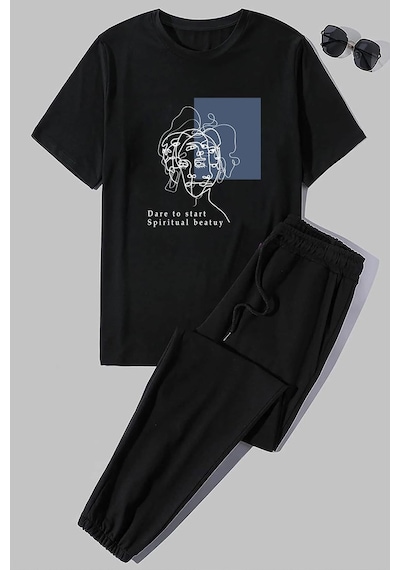 Uyguntarz Unisex Minimal Line Drawing Baskılı 2'li Eşofman Takımı Siyah