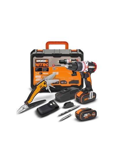 Worx Wx354.4ck 20volt/4.0ah Li-ion Çift Akülü Kömürsüz Profesyonel Şarjlı Darbeli Matkap + Da980045