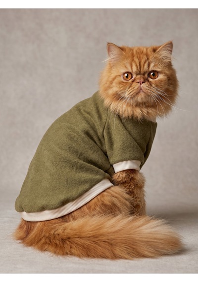 Natura Kedi Polar Sweatshirt Kapüşonsuz Yumuşak Polar Kedi Kıyafeti Nefti Yeşil