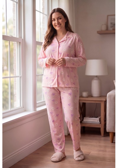 Seboteks Süet Kumaş Önden Düğmeli Büyük Beden Kadın Pijama Takımı 2800 Pembe