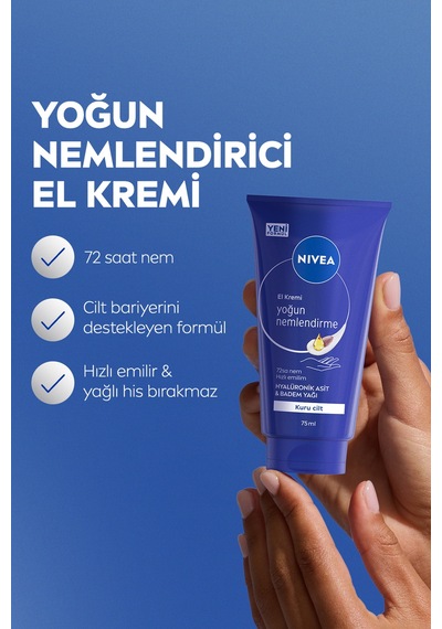Yoğun Nemlendirici El Bakım Kremi 75ml, Kuru Ciltler,hyaluronik Asit, Badem Yağı
