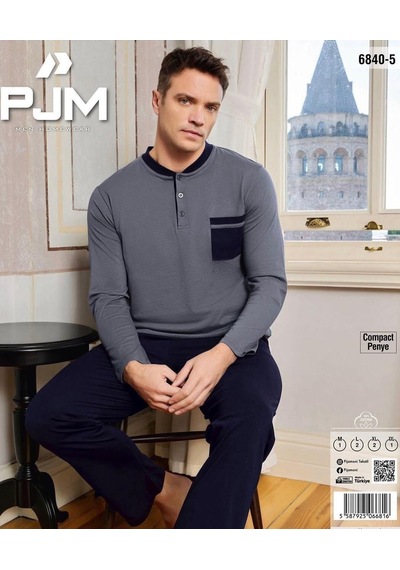 Pijamoni Erkek %100 Pamuk Penye Mevsimlik Uzun Kollu Pijama Takımı 6840 Füme