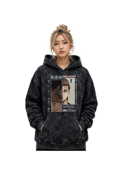 Sevbano Attack On Titan Eren Yeager Anime Baskılı Unisex Oversize Yıkamal Siyah