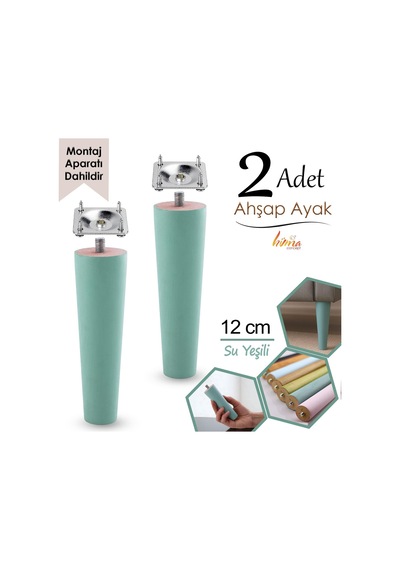 2 Adet Ahşap Ayak 12 Cm Su Yeşili M8 Civatalı Bağlantı Aparatlı Dolap Mobilya Koltuk Kanepe Destek Ayağı Ayakları Yeşil