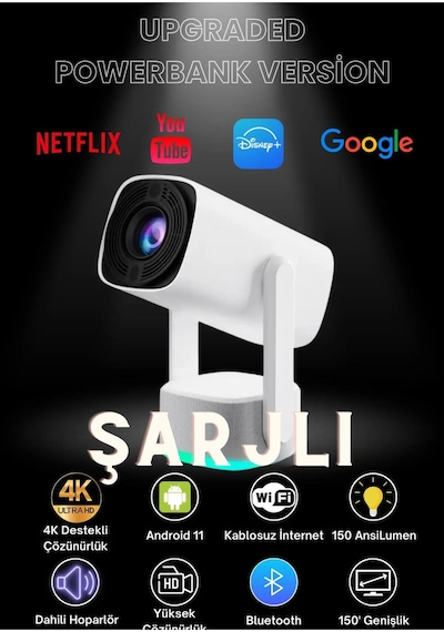 Taşınabilir Powerbank Bataryalı Android Projeksiyon Cihazı Hd Ev Sinema Projektörü Şarjlı Yeni Seri-120816