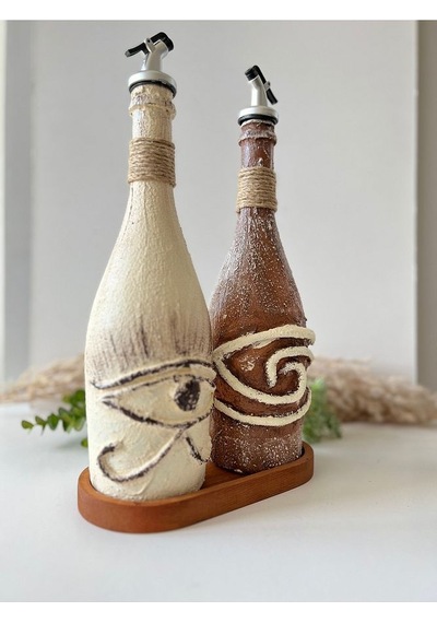 El Yapımı Mitolojik Desenli Sunum Stantlı 2'li 750 Ml Zeytinyağı Sıvıyağ Yağdanlık Yağlık Sirkelik Çok Renkli