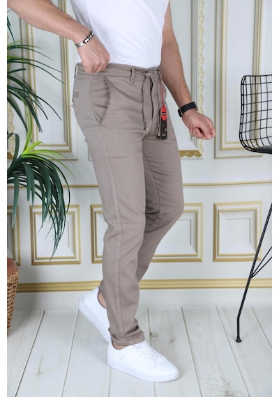 Phantom Jeans Erkek Kahve Slim Fit Esnek Likralı Armürlü Keten Pantolon Bağcıklı Kemerli Beli Lastikli Şık Pantolo Sütlü Kahve