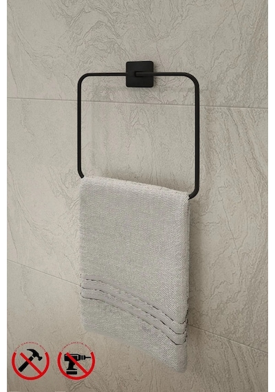 Siyah Yapışkanlı Kare Havluluk Ve Fön Askısı Seti 4'lü Banyo Seti Siyah