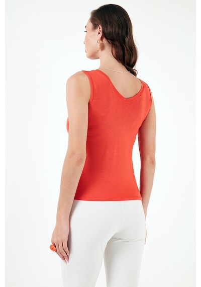 Lela Slim Fit V Yaka Kalın Askılı 2' Li Paket Bayan Bluz 5864384S2 Toz Pembe-Nar Çiçeği