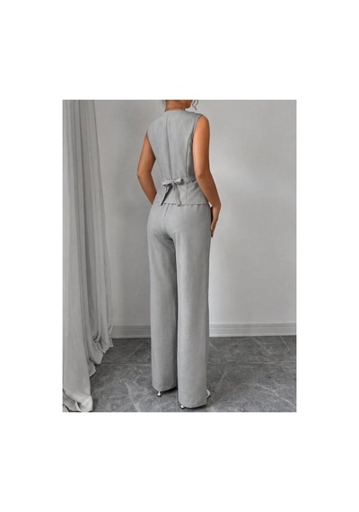 Butik İstanbul Kadın Askılı Önden Düğmeli Bluz Ve Pantolon Keten Ikili Takım Gri