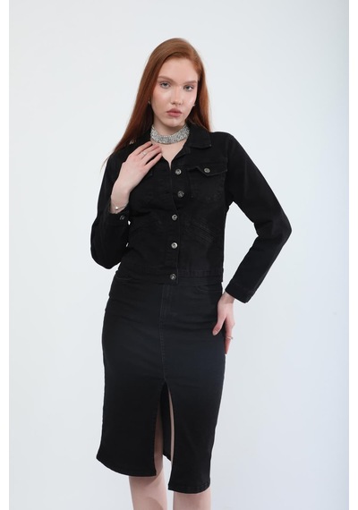 Kadın Cep Detaylı Slim Fit Jean Ceket Siyah 001