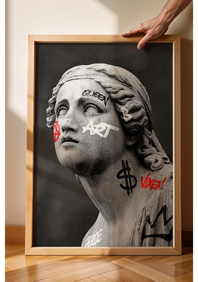 Modern Grafiti Klasik Heykel Çerçeveli Tablo Kripto Ve Finans Dünyası Ofis Dekoru Modifiye Sanat